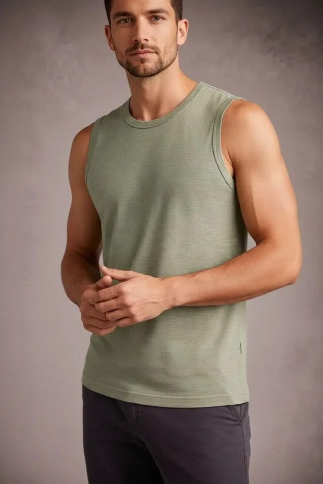Erkek Flamlı Kumaş Sıfır Kolsuz Atlet Basic Spor Üst, Günlük Ve Fitness Kullanımına Uygun - Mint Yeşili