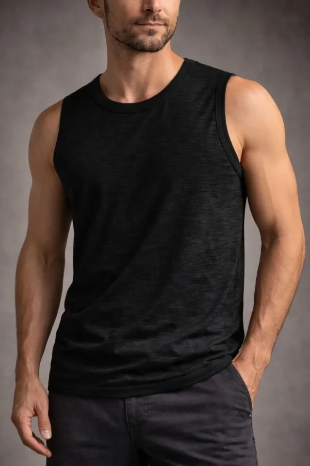 Erkek Flamlı Kumaş Sıfır Kolsuz Atlet Basic Spor Üst, Günlük Ve Fitness Kullanımına Uygun - Siyah
