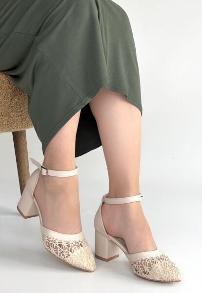 Dmop Bej Cilt Tül Detaylı Topuklu Ayakkabı