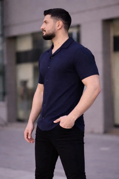 Erkek Waffle Kumaş Kısa Kollu Düğmeli Açık Yaka Regular Fit Gömlek - Lacivert