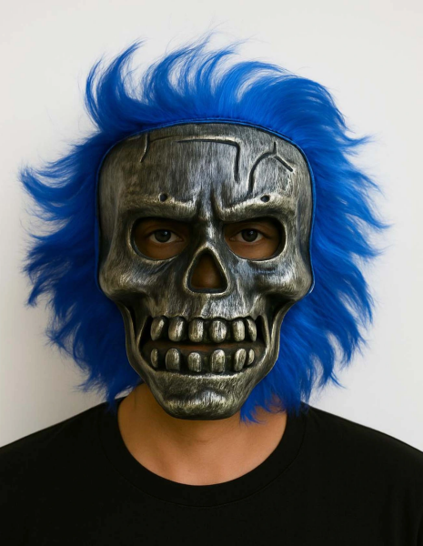 Wild Skull - Gümüş Kafatası Mavi Saçlı İskelet Maske