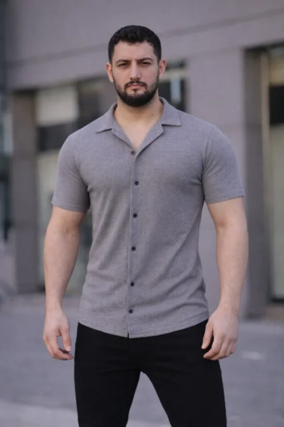 Erkek Waffle Kumaş Kısa Kollu Düğmeli Açık Yaka Regular Fit Gömlek - Gri