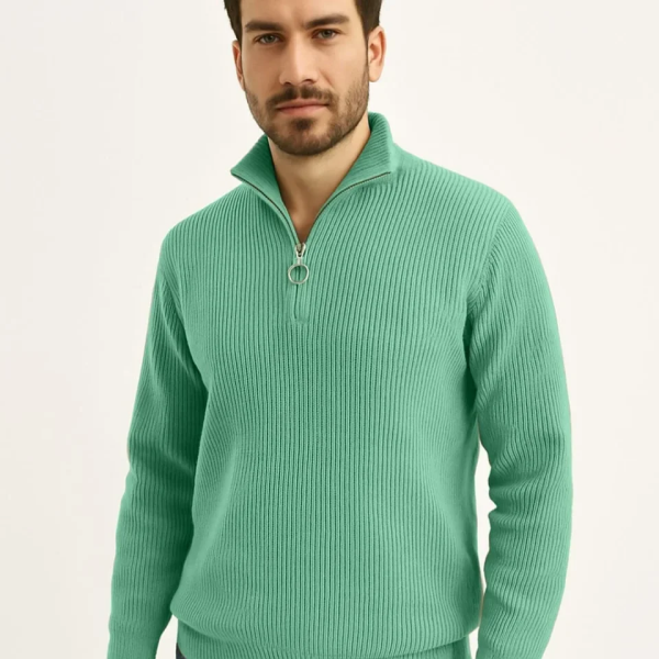 Erkek Fitilli Triko Kazak 2’li Set –  Mint Yeşili - Siyah, Kalın Dokuma Pamuklu Regular Fit V Yaka Fermuarlı Uzun Kollu Rahat Kışlık Kazak Kombini