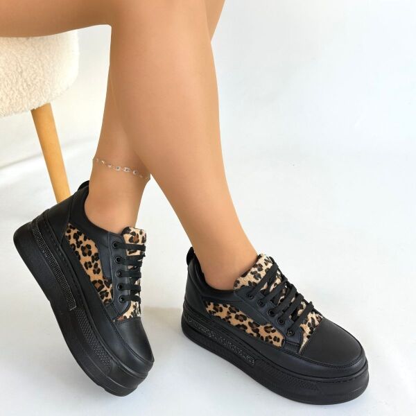 Lorrin Siyah Cilt Leopar Detaylı Bağcıklı Spor Ayakkabı