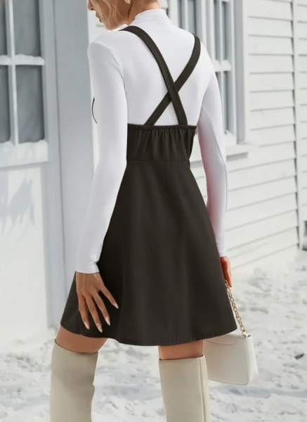 Kadın Askılı Düğmeli Mini Süet Elbise