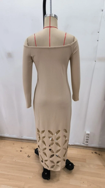 Kadın Madonna Yaka Uzun Kollu Lazer çiçek Kesim Detaylı Uzun Ithal Krep Elbise