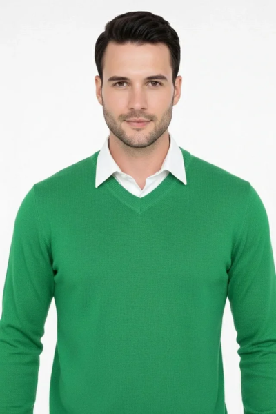 Erkek V Yaka Triko Kazak Yumuşak Dokulu Pamuklu Ince Dokuma, Uzun Kollu Rahat Regular Kalıp - Çimen Yeşili