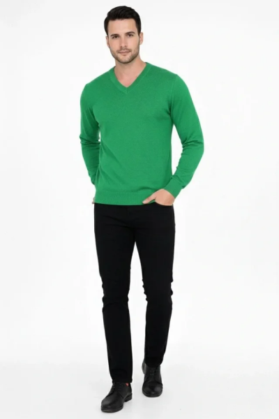 Erkek V Yaka Triko Kazak Yumuşak Dokulu Pamuklu Ince Dokuma, Uzun Kollu Rahat Regular Kalıp - Çimen Yeşili