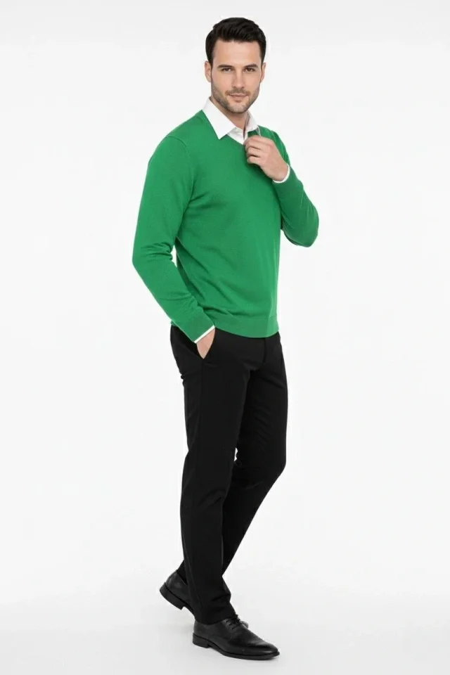 Erkek V Yaka Triko Kazak Yumuşak Dokulu Pamuklu Ince Dokuma, Uzun Kollu Rahat Regular Kalıp - Çimen Yeşili