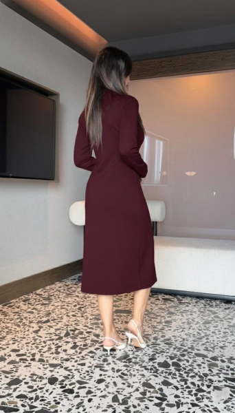 Kadın Uzun Kollu Balıkçı Yaka önden Fermuarlı Yırtmaçlı Midi Viskon Iki Iplik Elbise