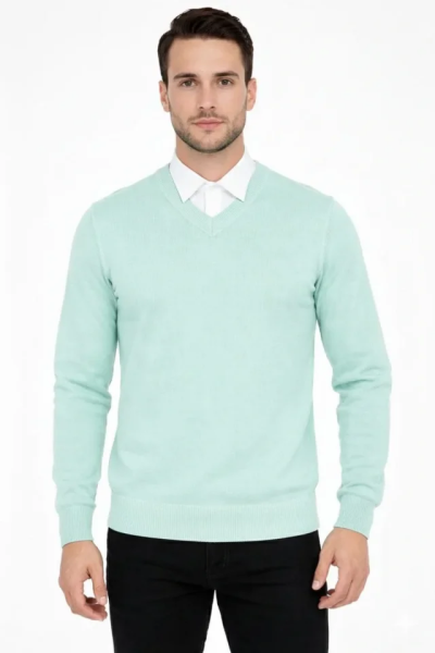 Erkek V Yaka Triko Kazak Yumuşak Dokulu Pamuklu Ince Dokuma, Uzun Kollu Rahat Regular Kalıp - Mint Yeşili