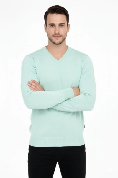 Erkek V Yaka Triko Kazak Yumuşak Dokulu Pamuklu Ince Dokuma, Uzun Kollu Rahat Regular Kalıp - Mint Yeşili