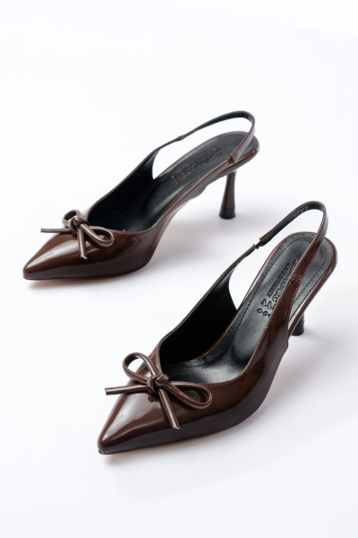 İNF-4500 Kahve Rugan Günlük Arkası Açık Fiyonklu Topuklu Bayan Ayakkabı