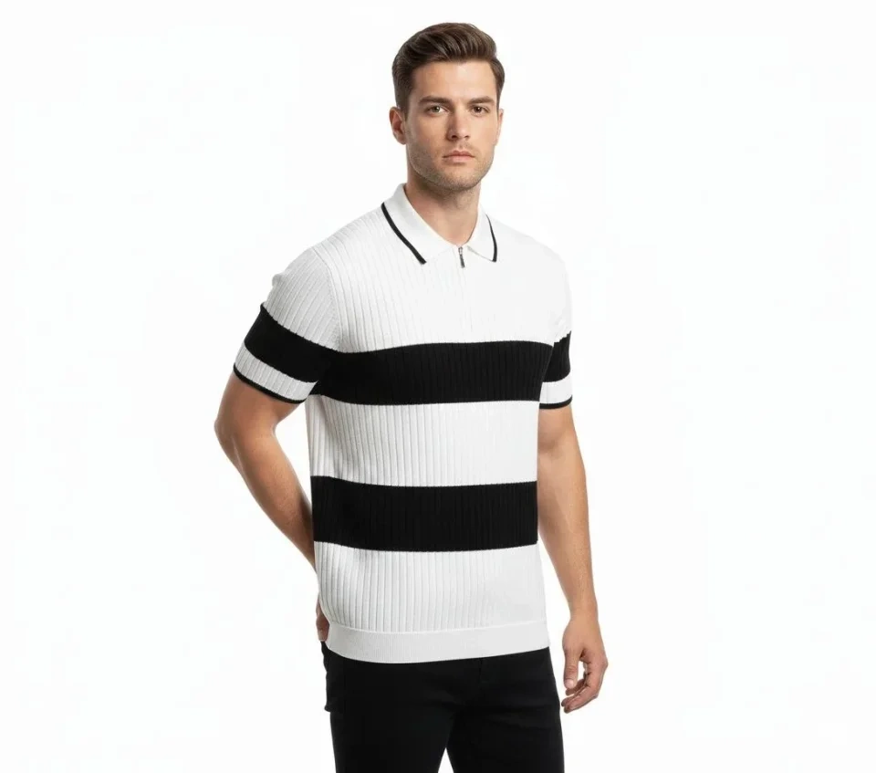 Erkek T-shirt Çizgili Triko Dokuma Kumaş Polo Yaka Yarım Fermuarlı Regular Kalıp Tişört - Beyaz