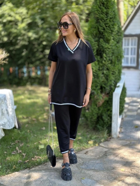 Kadın Kısa Kollu V Yakalı Iki Iplik Bluz Ve Pantolon Ikili Takım