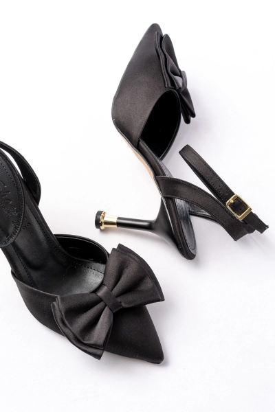 İNF-4505 Siyah Saten Günlük Arkası Açık Kurdele detaylı Topuklu Bayan Ayakkabı