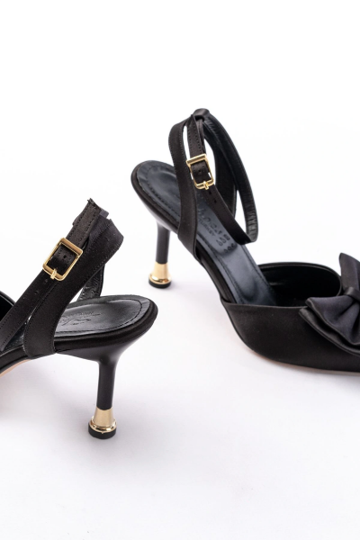 İNF-4505 Siyah Saten Günlük Arkası Açık Kurdele detaylı Topuklu Bayan Ayakkabı