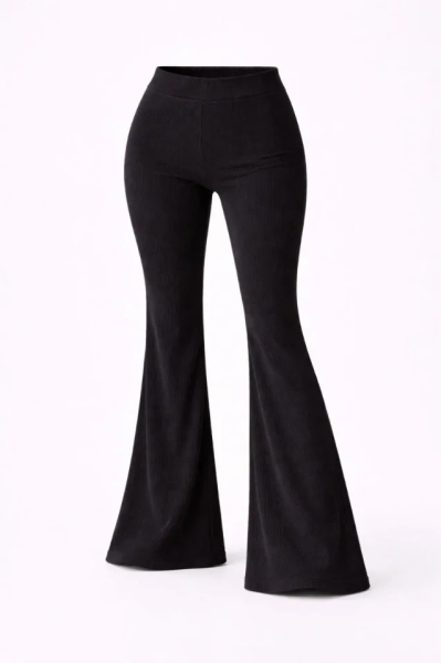 Fitilli Kaşkorse İspanyol Paça Tayt Yüksek Bel Esnek Günlük Rahat Pantolon - Siyah