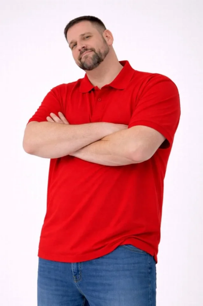 Erkek Pike Kumaş Düğmeli Yaka Battal Büyük Beden Günlük Kısa Kol Tişört T-shirt - Kırmızı