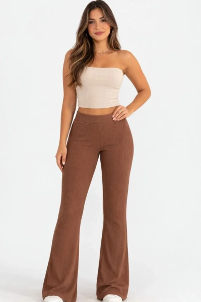 Fitilli Kaşkorse İspanyol Paça Tayt Yüksek Bel Esnek Günlük Rahat Pantolon - Kahverengi
