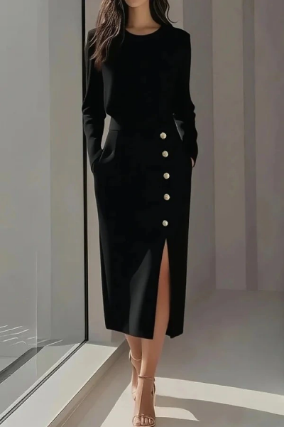 Kadın Uzun Kollu Bisiklet Yakalı Yandan Yırtmaçlı Düğmeli Midi Ithal Krep Elbise