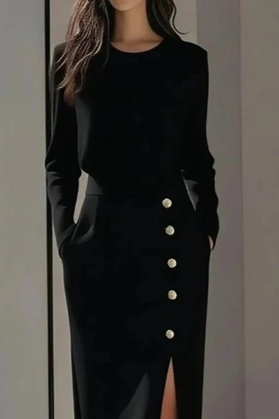 Kadın Uzun Kollu Bisiklet Yakalı Yandan Yırtmaçlı Düğmeli Midi Ithal Krep Elbise