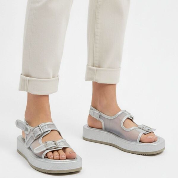 Sinna Gümüş Cilt Tül Detaylı Sandalet