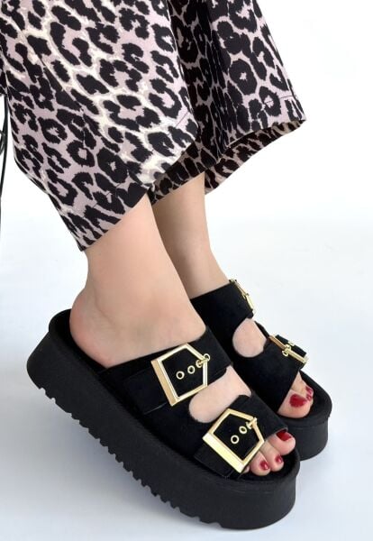 Coer Siyah Süet Çift Tokalı Terlik