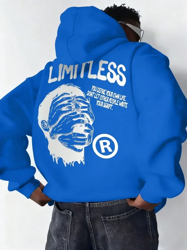 Erkek Premium Baskılı Kapşonlu Sweatshirt Üç İplik İçi Pamuklu Kanguru Cepli - Saks Mavisi