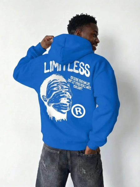 Erkek Premium Baskılı Kapşonlu Sweatshirt Üç İplik İçi Pamuklu Kanguru Cepli - Saks Mavisi