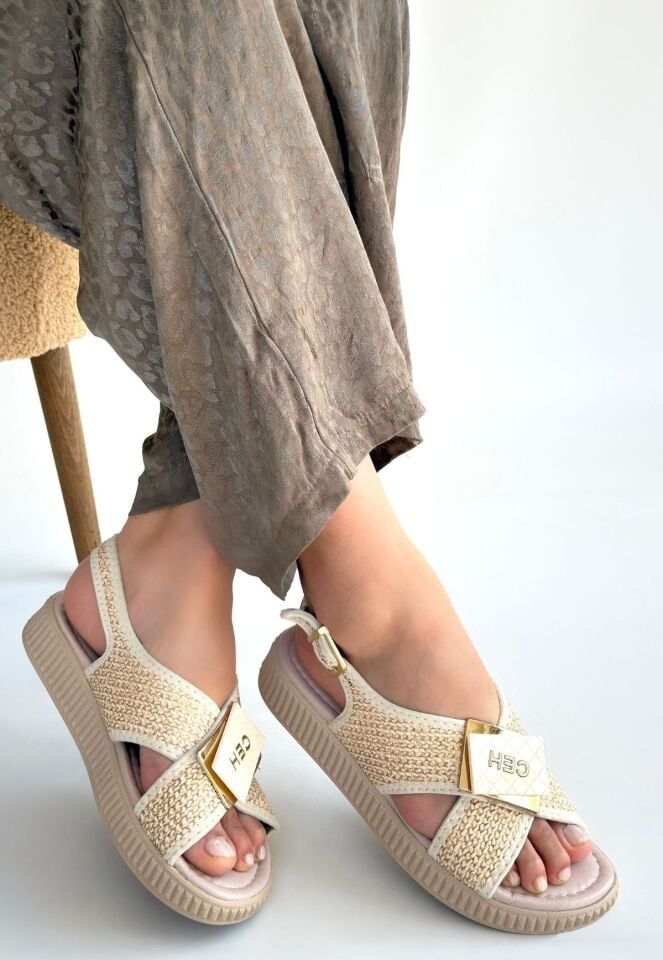 Cate Bej Hasır Cilt Sandalet