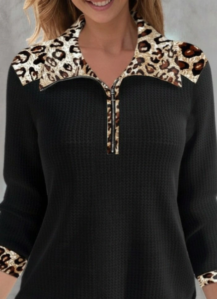 Kadın Uzun Kollu Leopar Yakalı Fermuarlı Waffle Bluz
