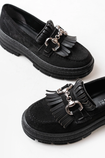 749-750 Siyah Süet Tokalı Günlük Yüksek Tabanlı Loafer Ayakkabı