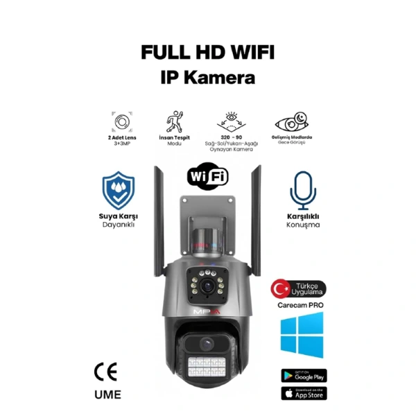 3 MP + 3 MP Çift Lens Wi-Fi TF Kart Girişli Güvenlik Kamerası