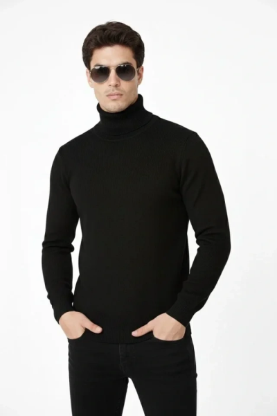 Tam Boğazlı Balıkcı Yaka Triko Kazak Yumuşak Dokulu Pamuklu Ince Dokuma Uzun Kollu - Siyah