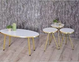 Zigon Sehpa Ve Orta Sehpa Elips Set  Altın Metal Ayak Altın Beyaz