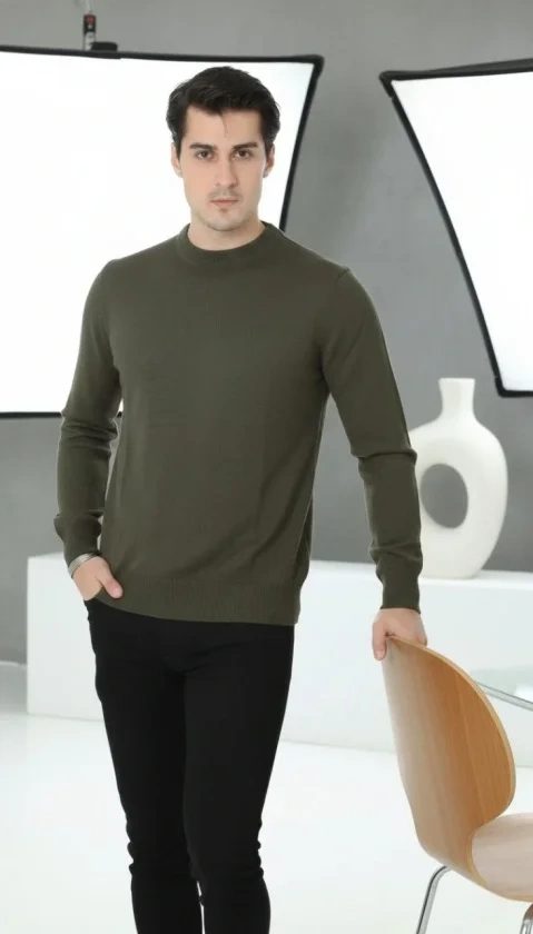 Erkek Bisiklet Yaka Triko Kazak Yumuşak Dokulu Pamuklu Ince Dokuma Uzun Kollu - Haki