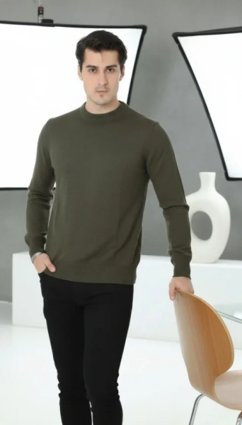 Erkek Bisiklet Yaka Triko Kazak Yumuşak Dokulu Pamuklu Ince Dokuma Uzun Kollu - Haki