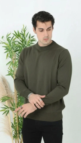 Erkek Bisiklet Yaka Triko Kazak Yumuşak Dokulu Pamuklu Ince Dokuma Uzun Kollu - Haki