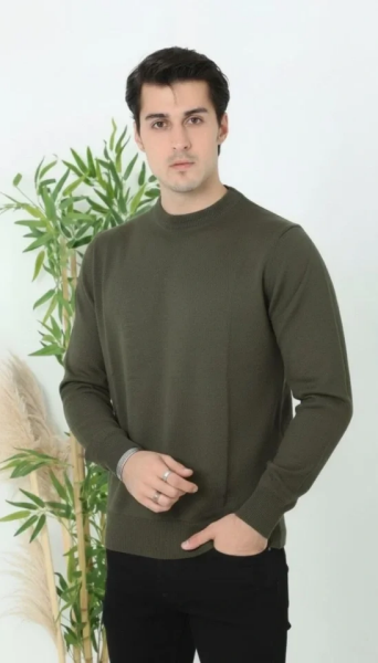 Erkek Bisiklet Yaka Triko Kazak Yumuşak Dokulu Pamuklu Ince Dokuma Uzun Kollu - Haki