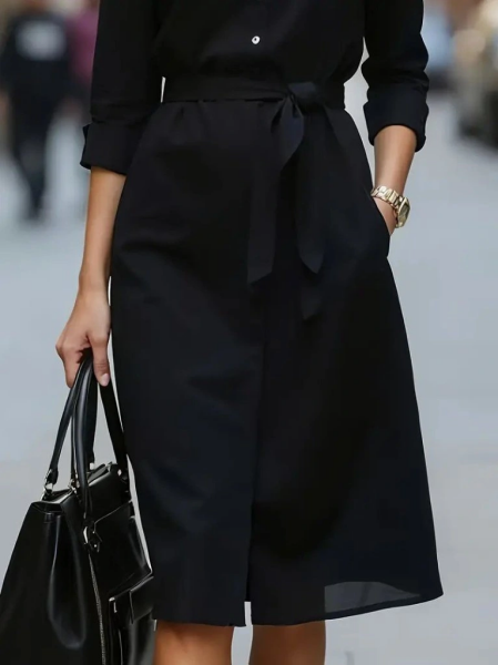 Kadın Uzun Kollu Yakalı Belden Kuşaklı Midi Trikoton Elbise