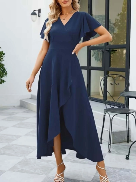 Kadın Kısa Kollu Kruvaze Yakalı ön Asimetrik Volanlı Uzun Ithal Krep Elbise