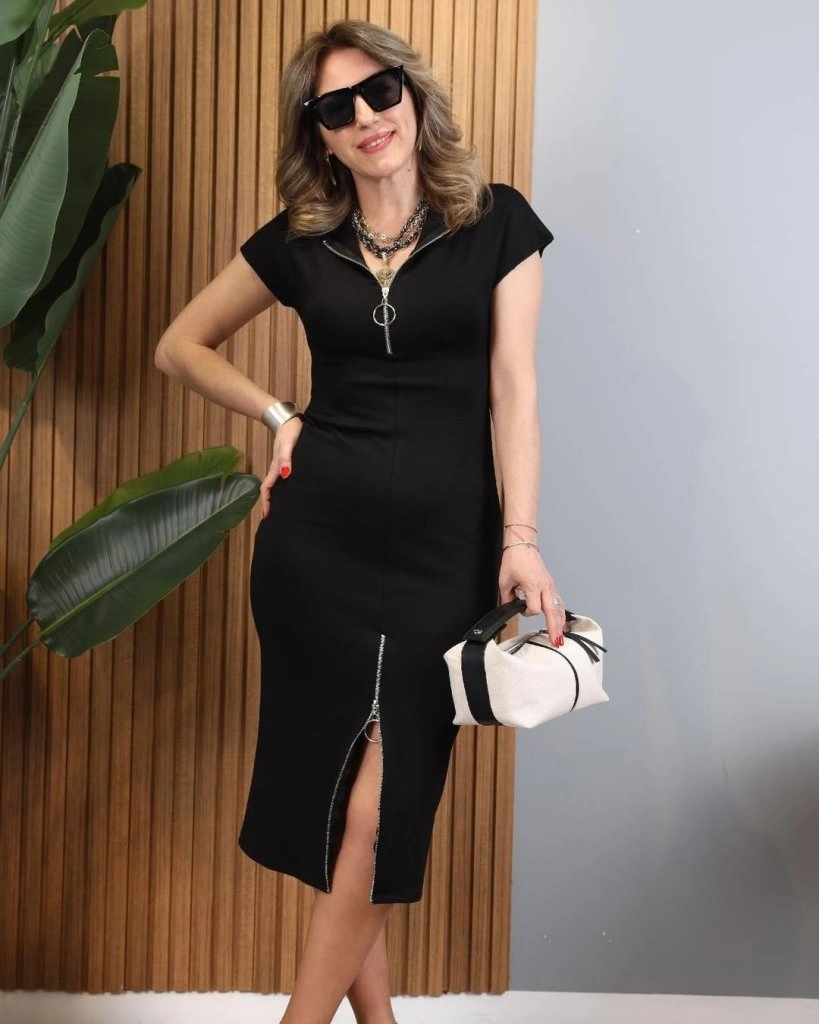 Kadın Kısa Kollu Yakadan Ve Eteği Fermuarlı Viskon Iki Iplik Midi Elbise