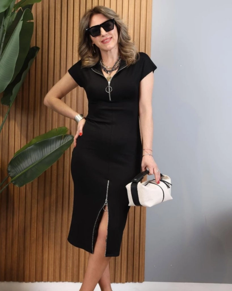 Kadın Kısa Kollu Yakadan Ve Eteği Fermuarlı Viskon Iki Iplik Midi Elbise