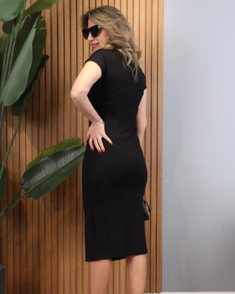 Kadın Kısa Kollu Yakadan Ve Eteği Fermuarlı Viskon Iki Iplik Midi Elbise