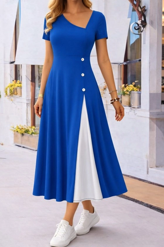 Kadın Kısa Kollu Asimetrik Yakalı Düğme Detaylı Midi Viskon Elbise