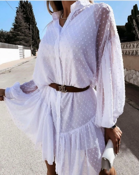 Kadın Uzun Kollu Puantiye Detay Gömlek Elbise