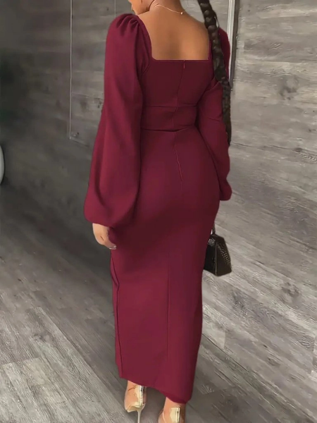 Kadın Uzun Kollu Geometrik Yakalı Yandan Yırtmaçlı Uzun Janjan Krep Elbise