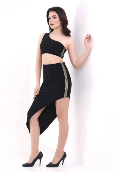 Kadın Tek Omuzlu Asimetrik Etek Şerit Detaylı Fırsat Ürün Sandy Kumaş İkili Takım