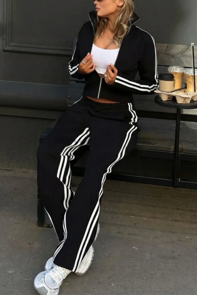 Kadın Uzun Kollu önden Fermuarlı Kısa Viskon Iki Iplik Bluz Ve Pantolon Ikili Takım